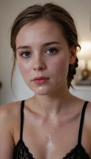 portrait photography of a young girl, petite, red cheeks, light-brown hair, braid, small breasts, black lace-bralette, in her bedroom, (thick white cum on face:1.3), . cum, on, face, <lora:JustCum:1>