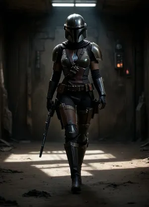Uber realistic, 8k, ultra detailed, masterpiece, Star wars female, mandalorian, black belt, black boots, (painted sexy mandalorian armour and helmet), full Body Photo in sci fi setting, Future, Star wars, pussy, exposed, (pussy in view), (exposed pussy), (show pussy), bottomless, nude, action pose, <lora:add-detail-xl:.8>, <lora:style_lora_realis:.8>, <lora:dark:.8>, detailxl