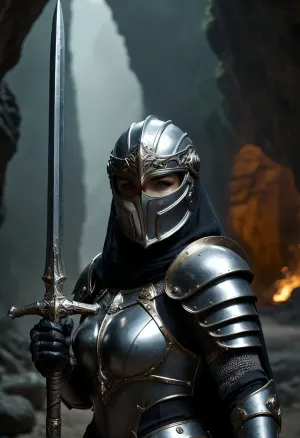 Uber realistic, 8k, ultra detailed, masterpiece, mature female fantasy paladin warrior, (holy shining silver armor), holding polearm in right hand, underground cave, (full_helmet:1.3), closed_helmet, visor, (face covered:1.5), night, realistic detailed eyes, realistic detailed armor, realistic detailed body, realistic detailed skin, hkstyle, detailxl, <lora:add-detail-xl:1.5>, <lora:style_lora_realis:1>, <lora:dark:.8>, <lora:hkstyleV5:1>