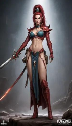 Lelith Hesperax, Warhammer 40k, Presently Lelith Hesperax is best known for her abilities in the Dark Eldar coliseums and is considered the undisputed master of the gladiatorial arenas, Instances have been recorded of her fighting up to ten opponents simultaneously without receiving a scratch. Her preferred combat dress is to expose as much bare skin as she can and to wear her floor-length hair loose in order to taunt her opponents into attacking, a fact that draws significant attention from spectators, visible pussy, no panties, dildo in pussy, <lora:Aeldari:.8>, <lora:Drukhari-000006:.8>