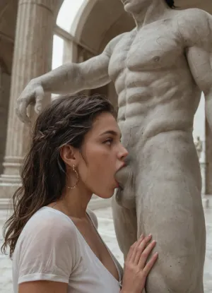 score_9, very sexy like statue slender woman, deepthroat blowjob, standing statue man, museum, (in a greek museum, 1 woman, 1 statue), wide view