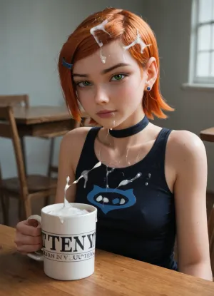detail Gwen Tennyson face, goth, choker, form fitting clothes, black shirt, drooling, cum shot, cum on face, tired face, leaning on table, sigh, looking at viewer, coffee cup, red lipstick, massive tits, (after bukkake:1.3), lots of cum on her, (cum on hair:1.5), cum on shoulders, cum on clavical, cum on chest, heart shaped cum, gwen, tennyson, (/Ben10), /, (ultra, HD, quality, details), bright, orange, hair, short, (green, eyes), <lora:Gwen Tennyson (Ben10) - XL SCXL V1.0:.8>