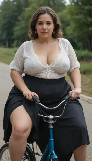a mature, ((obese)), woman. She is sitting on the saddle of her bicycle and riding her bicycle through the grounds of Hall. She is wearing a thin white blouse. a black long skirt with a slit up to the thigh . her legs are apart and she is flashing her plus size cotton panties