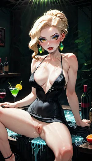 Female, 25 years old, smooth ash-blonde hair in a classic updo, name Qubirey, delicate features with a sharp gaze and pale complexion, golden eyes with long lashes, natural makeup, tall elegant build with long legs, horny, lust, seductive look, wearing a pitch black cocktail dress, black fingernails, seductively sitting leaning on a bar counter, legs spread, soaking wet pussy visible, Retro 1950s vibe, art deco elegance, red lips and glamorous makeup, large round emerald earrings. On the table, a crystal decanter, wine bottles, and a glass with lemon slice. Sife view, Soft lighting, muted green background, cinematic shadows, flat color shading and textured brushwork in mid-century poster art style, art deco, deep shadows, moody and cinematic lighting, incase, style, perfecteyes, <lora:287175_training_data:1.5>, <lora:lora-sdxl-perfect-eyes:.8>