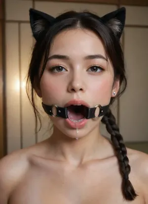 Realistic, masterpiece, magazine photo, 40 plus, Asian MILF, slim, ((Korean)), (dark brown almond shaped eyes:1.2), black hair, short braided ponytail, black cat ears, naked, traditional Japanese room with tatami mats, (dark, dim lighting), horny, (close up, zoom in on head), open mouth, (ring gag:1.4), <lora:gagged-4e:.8>, (salivating, saliva running down from mouth:1.4)