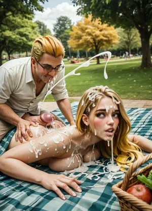 Golden Blonde 23yo babe, curvy body, perfect ass, prone bone, dominant blushing, ((long straight golden blonde haircut), (golden hair:1.5), drooling, natural big tits, laying on blanket in the park, picnic basket knocked over spilling food, clothes on the ground, huge creampie, waist, assjob, huge dick between her ass cheeks, dick on her ass, ((buttjob)), (cum covered:2), cum on ass and back, shooting huge cumshot, laying on stomach, black old man grabbing her head, 4ng3l, face)