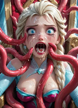 masterpiece, best quality, highly detailed, (anime:1.2), BREAK, (close up on girl's face:1.6), ((Elsa from Frozen with 6 tentacles)), (shocked, fear, screaming, crying, tears, surprised), running makeup, (sitting on a throne in a castle:1.2), (she is wearing a really torn dress, tentacles tore her clothes, she has one boob out:1), natural B cup breasts, perfect nipples, beautiful pussy, slim, athletic, gymnast body, restrained, many slimy tentacles, (a tentacle sliding in between her breasts shoots cum into her mouth while 5 tentacles ejaculate shooting multiple cumshots hitting her in the face and hair, bukkake:1.2), (Elsa receiving multiple cumshots to the face from 5 cumming tentacles:1.2), (cum on face:1.1), (cum in hair:1.1), (cum covered clothes:1), (cum in mouth:1), tentacles wrapped around her torso, breasts, neck, <lora:Animated_Concept:1>, <lora:add-detail-xl:.8>, <lora:Super_Eye_Detailer_By_Stable_Yogi_SDPD0:.8>