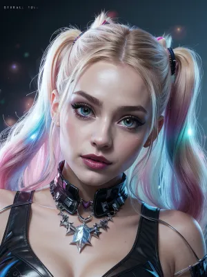 masterpiece, ultra realistic, harley quinn inspired girl, glowing pastel lighting, photorealistic face, manga style eyes, sparkly sheer outfit, translucent glowing mini skirt, soft makeup, detailed facial features, double ponytails, glowing accessories, cinematic fog, dreamy background, crystal light, seductive pose, glossy lips, volumetric light, fairycore aesthetic, whimsical atmosphere, UHD, 8k