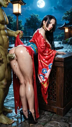 Boa hancock from one piece, kimono, wet body, oiled body, laying down sideways, sexy pose, steamy, moonlight, hard shadow, dark lighting, dimly lit, high detail, night, volumetric lighting, large breasts, long hair, reflective skin, choker, blue eyes, no texts, blushing, beautiful legs, uncovered shoulder, Terrible and frightening big massive orc fucks a woman, roast, torn clothes, fright, hair pulling, bent over, sexy clothes, high heels, shows pussy, looks around, man's cock shoots cum on pussy from behind, cum shot, full body view