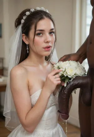 interracial, (((she's shows off her wedding ring finger))), giant black penis, (ultra detail cum texture), realistic cum, realistic black penis, Only cum, ((very thick and sticky cum)), (dripping cum), ((bridal stuff)), ((cum splashed and dripping from the bridal bouquet)), lots of cum, unreal amount of cum! The bouquet is full and drenched in cum, a very big black cock, cum from the black cock is squirting heavily., perfect, eyes, skin, blemish, detailed, proposal, <lora:polyhedron_all_sdxl-000004:.8>, <lora:proposal_XL_v1:1.4>