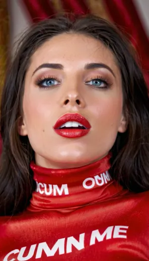 ((25yo fitness model on her knees)), (black hair), ((skinny face)), tousled hair, blue eyes, skinny, perfect body, perfect breasts, pov, looking up at viewer, eye contact, ((wearing a red satin roll neck top with 'cum on me' in white writing on front)), long sleeves, red leggings, woman, breasts, <lora:orgasmface_SDXL:.5>, <lora:topless v1a_fro0.95:.5>