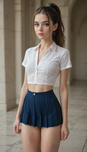 Highest resolution 8k image, ((18 year old cute, petite, female model. Gorgeous slim physique, small firm breasts, narrow waist, slender thighs, perfect anatomy), (long brown hair in a ponytail, huge gorgeous blue eyes, long eyelashes, heavy eyeliner, full sensuous pink lips)), ((Looking towards the viewer, with a sexy expression, standing in a sultry manner), (wearing a short sexy black pleated skirt and a short sleeved white buttoned up blouse)), (setting, the image is in an ancient alchemists laboratory)