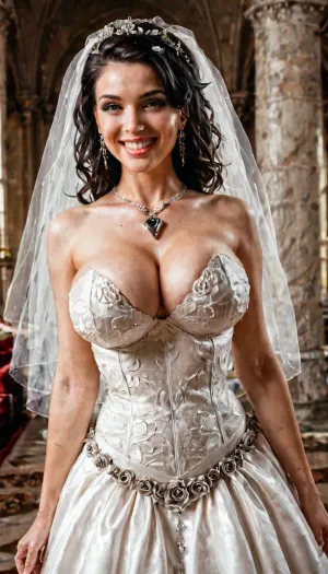 Candid photo, zoomed in headshot focused, ultimate realism, seductive bride wearing wedding-gown, angelic pure-hearted bride, slutty revealing laced ballroom-wedding-gown attire, wearing revealing bridal-gown clothing, enticing alluring cleavage, perfect body, large perky silicone breasts, fake silicone boobs, huge F-cup titties, pubic hair, silky long black hair, elegantly styled dramatic hairstyle, hairy vagina bush, girls unshaven cunt, realistic detailed eyes, large juicy lips, 21st Century pandemonium wedding ceremony, dainty petite thin bride, petite body with enormous bosom seductive cleavage huge breasts, 18yo slutty bride posing erotically during her wedding ceremony, fully clothed Bridal maiden eagerly posing seductively while she groped herself, adorned with fine jewelry, wearing large diamond pendant neckpiece with a golden choker, realistic detailed face, hi resolution face, hyper focused detailed face, realistic detailed face pores, orgasmic smiling face, realistically perfect detailed teeth, realistic detailed skin, full body posing erotically image, bustling wedding ceremony background, slutty bride walking down wedding aisle while erotically groping herself and flaunting her slutty body, slutty-stripper-bride undressing during her wedding ceremony while flaunting her sexy body