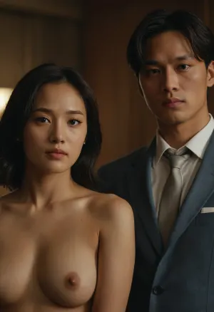 Exactly 1 woman and 1 man. A married couple. Half body view. Standing side by side. Looking at the camera.

Subject female is a beautiful 30 years old indonesian woman. Tied fine black hair. Completely nude woman. CFNM. Clothed female Naked Female.

The subject man is Jung-kook, a handsome young Korean male gentleman. Dramatic movie aesthetic, focus on woman's face, male is out of focus, bright party room, <lora:Movie_aesthetic_XL:.4>