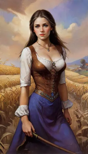 (((marchioness in a medieval brown dress, bodice, white blouse, neckline, flat chest, brunette, blue eyes, slender girl in the image of Cirilla from the Witcher))), ((Oktoberfest dress)), (((masterpiece, best quality))), (wheat field, ears of corn), k3nk3lly, <lora:k3nk3lly:.5>, Art, by, Boris, Vallejo, Style, <lora:Fantasy_art_XL_V1:.5>, fr4z3tt4, <lora:fr4z3tt4:.5>, fantasy, <lora:FDXLFantasyStyleV2:.5>