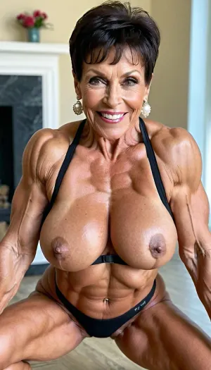 close up her pussy, squatting, naked, close up her face, close up vagina, black hair granny, very old smile gilf, hard muscle stiration, skinny hard muscle body, very broad big mouth, black ponytail hairstyle, hair, marina beaulieu milf, extremely muscular gilf, with wide muscular shoulders, abs, high muscle definition, very thin fat free skin, massive bodybuilding milf, bulging lips, granny want sex, wide mouth, round big boobs, smile gilf, squatting from rear view, very short pixie black buzzcut hair, close up mouth, muscle_bimbo, old dominatrix lady, lora, Muscle_Bimbo_SDXL, make up, pearl jewellery