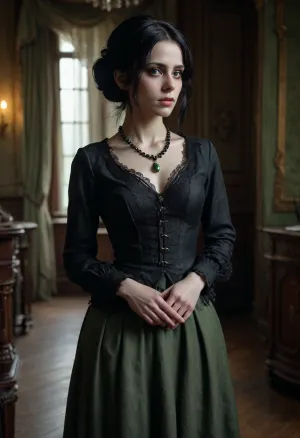 dark fantasy, female monster, green skin, stitched scars, gothic style, vintage, ornate furniture, dark wood, dim lighting, shadowy interior, creepy, low saturation, detailed clothing, torn fabric, dark grey and black clothing, small pearl necklace, black hair, woman, standing pose, expression playful, hyperrealistic