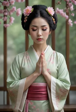Woman, light-skinned, asian features, pale geisha makeup on face, long black hair, wooden hair ornaments with pink flowers, light sage green kimono with white/light green swirling pattern, red accents on the obi/belt, hands clasped in prayer position, expression of contemplation or gentle supplication, soft lighting, hyperrealistic, background of muted grays and browns, clouds, vibrant yet muted color palette