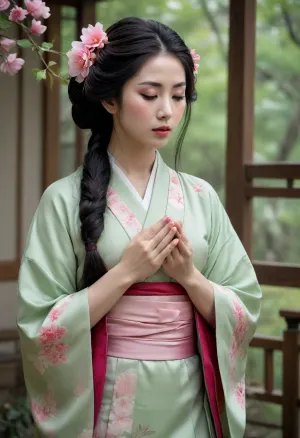 Woman, light-skinned, asian features, pale geisha makeup on face, long black hair, wooden hair ornaments with pink flowers, light sage green kimono with white/light green swirling pattern, red accents on the obi/belt, hands clasped in prayer position, expression of contemplation or gentle supplication, soft lighting, hyperrealistic, background of muted grays and browns, clouds, vibrant yet muted color palette