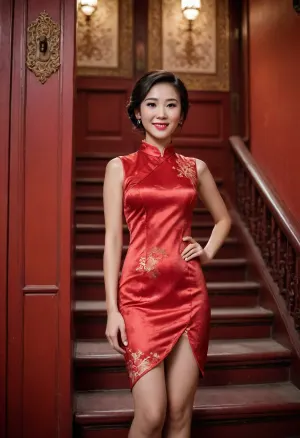 Woman, full body shot, cheongsam, red dress, Asian features, woman smiling, light blush on cheeks, dark hair, slightly exaggerated body proportions, step, stairs, red ornate door, background, light, warm colors, hyperrealistic, contrast, bright lighting, soft focus elements.