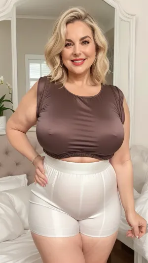 Full portrait picture of a curvy 70 year old mature woman, gilf, in a bedroom, mirror, plump waist, thick, big fupa, cameltoe, wide hips, big hips, sleeveless t-shirt, white silk high waist silk shorts, fat round face, light eyes, bob cut dark blonde with highlights hair, slicked-back hair, wide bowed lips, lips parted, smiling, laugh lines, wrinkles around eyes, fully dressed
