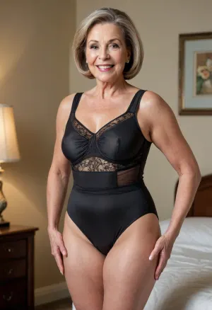 Full portrait picture of a 70 year old mature woman, gilf, in a bedroom, mirror, plump waist, thick, big fupa, puffy cameltoe, wide hips, big hips, mesh sleeveless leotard, fat round face, bob cut brunette with highlights hair, slicked-back hair, wide bowed lips, lips parted, smiling, laugh lines, wrinkles around eyes, fully dressed