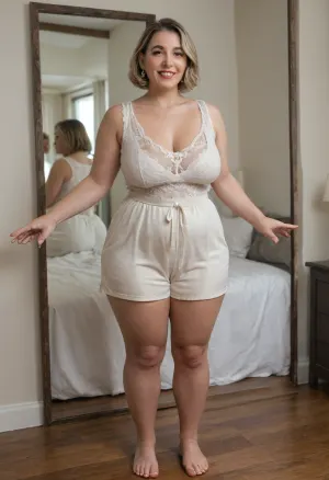 Full portrait picture of a curvy fat 70 year old mature woman, gilf, in a bedroom, mirror, plump waist, thick, big fupa, cameltoe, wide hips, big hips, sleeveless silk shirt, white silk high waist silk shorts, fat round face, (really saggy tits), light eyes, bob cut dark blonde with highlights hair, slicked-back hair, wide bowed lips, lips parted, smiling, laugh lines, wrinkles around eyes, drooping saggy c-cup torpedo tits, fully dressed