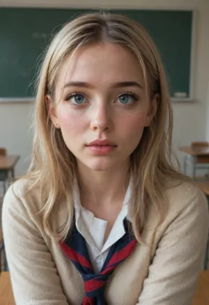 blonde hair, hair fringe, perfect skin, extremely beautiful face, blush, freckles, full lips, thick lips, ultra high details, award winning photo, breasts, hips, super waist, perfect anatomic body, thick eyelashes, long eyelashes, blushing, pink lips, glossy lips, attractive face, perfect nose, round cheeks, beautiful woman, hinata, sexy, model, curvfreckles face, pretty face, hyper realistic, perfect eyes, best detailed hair, sweater, shocked, extremely embarrassed face, classroom, very tight school uniform