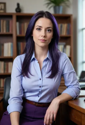 A woman principal, in a light blue button-up shirt, sits in a dark wooden chair behind a wooden desk., (She has long straight deep-purple/indigo hair and a serious expression), (angular features), . Her clothing style and posture suggest a professional, academic, setting. She is sitting, and her body is slightly angled to the side. The background is a well-lit office, with bookshelves filled with various books. The colors are muted, with soft tones of light blue, dark brown, and purple. room with ample natural light. There's a plant in the background to the right. a pen and notebook, in hand. Slightly exaggerated female features, including bust size and facial features.