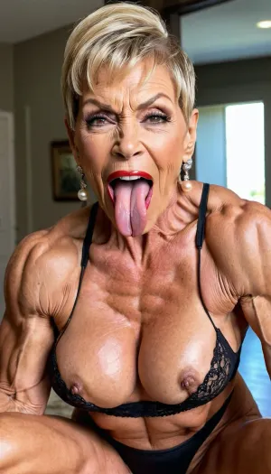 streches out her extra long tongue, close up her pussy, closed her eyes, squatting, naked, close up her face, close up vagina, enjoy with smiling her orgasm, bulging red lips, fake silicon big mouth, extreme big lips and mouth, blonde hair granny, very old gilf, hard muscle stiration, skinny hard muscle body, very broad big mouth, black ponytail hairstyle, hair, marina beaulieu milf, extremely muscular gilf, with wide muscular shoulders, abs, high muscle definition, very thin fat free skin, massive bodybuilding milf, bulging lips, granny want sex, wide mouth, round big boobs, happy sinful gilf, squatting from rear view, blonde hair, very short pixie black buzzcut hair, close up mouth, muscle_bimbo, old dominatrix lady, lora, Muscle_Bimbo_SDXL, make up, pearl jewellery