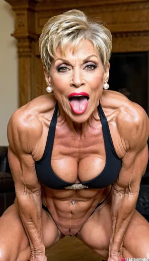 2 milfs on picture 2milf orgy, some milfs meets in aroom, streches out her extra long tongue, close up her pussy, squatting, naked, close up her face, close up vagina, enjoy with smiling her orgasm, bulging red lips, fake silicon big mouth, extreme big lips and mouth, blonde hair granny, very old gilf, hard muscle stiration, skinny hard muscle body, very broad big mouth, black ponytail hairstyle, hair, marina beaulieu milf, extremely muscular gilf, with wide muscular shoulders, abs, high muscle definition, very thin fat free skin, massive bodybuilding milf, bulging lips, granny want sex, wide mouth, round big boobs, happy sinful gilf, squatting from rear view, blonde hair, very short pixie black buzzcut hair, close up mouth, muscle_bimbo, old dominatrix lady, lora, Muscle_Bimbo_SDXL, make up, pearl jewellery