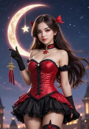 An anime-style illustration of a young woman with light skin and long dark hair glowing with magical energy, dressed in a red and black magical girl outfit, short skirt, corset top, ribbons, star-shaped brooch, and lace gloves. She holds a wand with a crescent moon tip. The background is a sparkling night sky with magical symbols and light flares. Her eyes shine with determination and hidden sorrow.