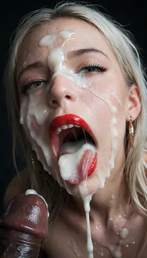 picture of an open mouth with red lipstick, only mouth is visible, extreme close-up, zoom in, huge black 20 inch black BBC dick resting on tongue, cum bursting out of dick, tongue sticking out, (Cum details), realistic cum, Prominent cum, (white cum:1.7), cum on, (Cum flows:1.2), (cum on body:1.3), cum on hair, (cum on face:1.8), excessive cum on face, detail cum on nose, detail cum on neck, thick white cum running, excessive cum dripping from his penis, mouth wide open, moaning, screaming, happy, mouthfull of cum, cum dripping from mouth, black background, black room. cum, on, face, Face covered in cum, (A lot of cum:1.5), ., <lora:JustCum:1>, <lora:cum_in_eye_deepmind:1>