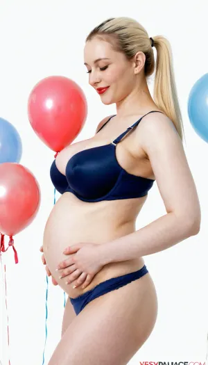 26 years old woman, closed eyes, smile, big fake tits, white skin, very long hair, hyperrealistic photo, platinum blonde hair, ponytail, wearing dark blue bra, panties, white background, realistic body, flaccidity, pregnant, beautiful woman, detailed face, red lips, standing, rectangle body shape, middle body view, pink balloons