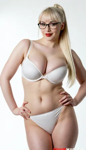 Front view photo, 26 years old woman, laughing, big fake tits, white skin, very long hair, hyperrealistic photo, platinum blonde hair, ponytail, wearing white bra, bang, white panties, hands on hips, white background, realistic body, flaccidity, nerdy, beautiful woman, detailed face, red lips, standing, rectangle body shape