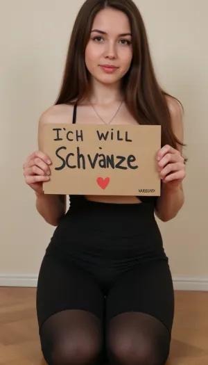 30 year old german milf with long brunette hair in black yoga outfit kneeling and looking up at viewer, (holding a card board with big text "Ich will Schwänze":1), the woman looks very sad and needy and obedient