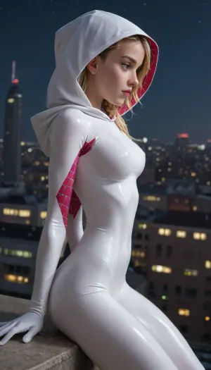 night, clear weather, (((18 years old))), (((young))), (spider girl Gwen Stacy), Braided side Side Cornrows Hair, (tight outfit), athletic body, hood on head, hip gap, (narrow waist:1.5), (blonde with pink strands), climbs to the roof of a high-rise building, New York day, ((pussy cameltoe:.6)), (wet tight bodysuit:1.3), hand, <lora:HandFineTuning_XL:1>, <lora:MGLRbodysuit_sdxl:.6>, <lora:uberfit_lora_sdxl:.4>, 1girl, ((side view, view from side)), sitting