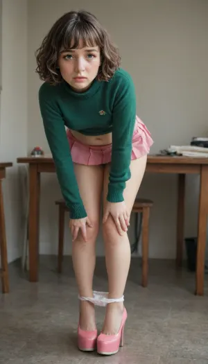 shy 28 year old girl, full body shot, (embarrassed:1.1), (ashamed), (humiliated), (crying), (tears on her cheeks), (highly detailed facial expression), (room with cheap desk), (pink platform high heels), ((well-built figure with slightly chubby legs)), (normal upper body), (short girl), (short brown wavy hair), (curly bobcut), (short dark brown hair), ((standing insecurely)), small breasts, flat chest, (dark green cashmere pullover:1.1), (dark green jumper), (emerald pullover), (perfectly fitting pink pleated micro skirt:1.4), (pink microskirt covering her fully:1.4), (hanging down to pull down panties:1.2), thick pale legs and normal upper body, (white panties pulled down to knees:1.4), (skirt over thighs), (panties around knees), (well-built upper body), buxom, microskirt, extremely, short, skirt, <lora:MicroSkirt_XL:.8>