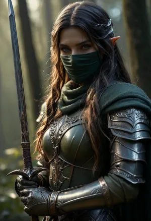 Uber realistic, 8k, ultra detailed, masterpiece, mature elf warrior, army green elven armor, holding spear in right hand, forest, full_helmet, closed_helmet, visor, (face covered:1.5), night, realistic detailed eyes, realistic detailed armor, realistic detailed body, realistic detailed skin, hkstyle, detailxl, <lora:add-detail-xl:1.5>, <lora:style_lora_realis:.8>, <lora:dark:.8>, <lora:hkstyleV5:.8>