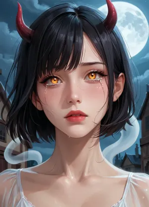 masterpiece, best quality, highly detailed, (anime:1.2), BREAK, tragedy, leaning forward with her front facing viewer, (close up focus on girl's face, only her upper body in view:1.5), in an alternate reality succubus ghost flying in the air above the cemetery mourning that she cannot be reunited with her human husband and she continues a never ending search for him, (succubus ghost flying over a cemetery, at night, floating in the air with her feet not touching the ground, between her feet and the ground, she is not aware of how eerie and scary her own demonic and now ghostly appearance is), (background is a really dark and depressing cemetery with a full moon and creepy crows flying in the sky), (a transparent succubus is a ghost in a haunted house:1.2), (her body is a cold light blue color and her entire body is transparent, ethereal, the succubus is now a ghost:1.4), she says to herself "Well, I fucked up this time, not sure why I didn't just make my way back to Hell... At one time an angel and now this time a ghost... is someone fucking with me?! Why the fuck am I just a ghost and now in fucking limbo?!", succubus fell in another battle earlier and she is now in limbo as a ghost haunting the town cemetery looking for her lost husband, she is really sad, depressed, crying a lot of tears, tired and frustrated as she tries to figure out how she got herself into this predicament, (a gorgeous 25 year old white transparent succubus ghost with, demonic wings on back, horns, tail:1.2), (her body is ethereal:1.4), (natural b cup breasts, perfect nipples), beautiful pussy, (succubus has long black hair bob haircut:1.2), (orange eyes), slim, athletic, gymnast body, she is wearing a loose and elegant see-through transparent dress though she doesn't know why, <lora:Animated_Concept:1>, <lora:Aether_Ghost_v1.1_LoRA:.5>