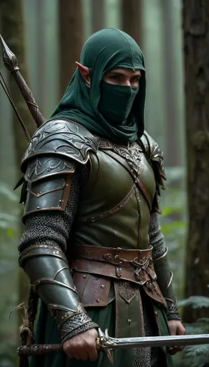 Uber realistic, 8k, ultra detailed, masterpiece, mature male elf warrior, (army green elven armor), holding spear in right hand, forest, (full_helmet:1.3), closed_helmet, visor, (face covered:1.5), night, realistic detailed eyes, realistic detailed armor, realistic detailed body, realistic detailed skin, hkstyle, <lora:add-detail-xl:1.5>, <lora:style_lora_realis:1>, <lora:dark:.8>, <lora:hkstyleV5:1>, detailxl
