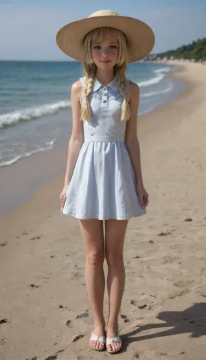 Lillie from pokemon, big green eyes, skinny, 18 years old, small cups, on the beach in the morning, realistic light and shadow on the girl's body, detailed skin, Very small and thin, detailed face, masterpiece, award-winning photography, realism, ultra-realism, UHD 8K, extreme realism, maximum detail, full portrait, (high-detail skin), high quality, Dollblush1, solo, braid, white, headwear, lillie, (pokemon\), 1girl, sun, hat, blue, ribbon, blonde, hair, long, braids, blunt, bangs, green, eyes, bare, arms, sleeveless, collared, <lora:Dollblush1:1.1>, <lora:Lillie_Pokemon_XL:.4>, <lora:lillie_(pokemon):.6>