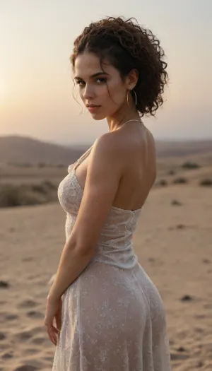 A stunning Latina model stands confidently in a vast, surreal desert landscape under a golden sky. She wears an avant-garde couture gown crafted entirely from pure white viscose satin — an artistic masterpiece featuring intricate sculptural drapes, exaggerated silhouettes, and fluid textures that catch the warm light. The fabric flows like liquid, contrasting with the rugged sand dunes. Her pose is bold and statuesque, embodying strength and elegance. The scene is ethereal and dreamlike, with long shadows and soft atmospheric haze. Shot on a Canon EOS R5 with RF 85mm f/1.2 lens, shallow depth of field, high fashion editorial style.