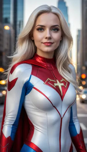 photorealistic highly detailed standing beautiful Caucasian 25yo woman, ((superhero style)), dreamy face expression, happy, smile, looking at camera, long platinum hair with streaks, perfect slender face, slim, stylish loose-fit white/red/blue outfit, matte carbon armor, vivid vibrant make-up, epic character composition, [[goth]], sharp focus, evening, global illumination, masterpiece, [divine], background is unfocused cityscape, photo-realism, cinematic, dramatic, increased saturation and contrast boost
