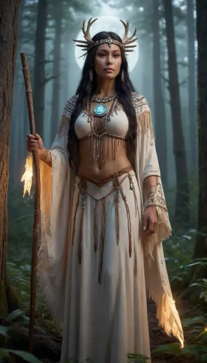 "Full-body, zoomed-in view of a towering Native American forest priestess standing barefoot in a glowing moonlit forest. She wears a flowing ceremonial robe made of stitched deerskin and feathers, with glowing runes embroidered across the fabric. Her long black hair flows with the wind, adorned with moonstones and small braids. Her face is calm and powerful, painted with sacred white tribal markings. She holds a wooden staff topped with a glowing crystal. Surrounding her, bioluminescent plants and glowing animals watch silently. Ultra-realistic 4K details, cinematic lighting, tribal spiritual mythology, photorealistic female character, ."