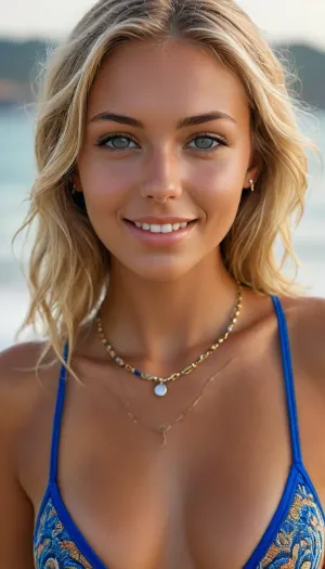 ((ultra photorealistic professional close-up Face portrait)), (one gorgeous lady:1.2), confident 22 year old, (beautiful eyes:1.3), (tall and slender:1.4), (dark seamless tan:1.2), (perfect tan:1.5), (big tits:1), (perfect tits:1), (micro bikini:1.3), cute smile, long light blonde hair blowing in the sea breeze, (necklace, deep blue vibrant eyes, bracelets, piercings), <lora:MJ52:1.1>, (((very very big nipples 3, 0)))