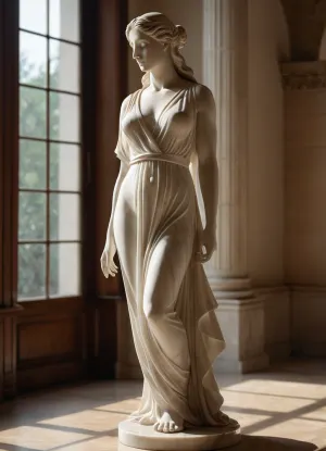 A beautifully crafted marble sculpture of a goddess, classical style, with a soft and flowing tunic, set within a warm, sunlit room. The sculpture showcases exquisite artistry, with smooth, flowing lines and realistic anatomical details, capturing the intricacies of the human form. It features long hair cascading down the back, elegantly poised limbs, and masterful use of light and shadow that gives the figure a lifelike and dynamic presence. In the background, large arched windows offer a glimpse of a blurred urban landscape outside. The setting is reminiscent of a classical art studio or gallery, where art and natural light coexist, enhancing the beauty and serenity of the scene.