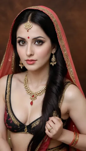 Beautiful, hot and sexy, 30 years old Indian girl, masterpiece, (photorealistic:1.5), 8k, UHD, wide angular lens, warm sidelight, contrast, tack sharp, (masterpiece:1), best quality, Ray tracing, hdr, volumetric lighting, happy, beautiful eyes, symmetrical face, perfect face, realistic, complex, pokies, tall face, black-haired beauty, long straight hair, black eyes, lifted up and rounded large breasts and big ass, narrow waist, (shaved pussy), (ice cold skin), (pale skin:1.3), round cute tall tall butt, fair complexion, extremely attractive body, goddess figure, in saree, (indian ethnic wear), seductive body, (black makeup, gothic makeup, thin coral lips, piercing defiant gaze, full body view), barefoot, elegant toes, soft natural light, studio background, sharp focus, detailed texture, (masterpiece:1.4), stunning looks, complete body nude, ghunghat, (indian head covering, heavy bridal jewellery, horny, with her husband on honeymoon)