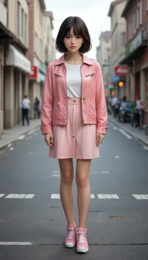 beautiful girl, 18 years old, young, Kazakh, with long black hair, in a pink leather jacket, with a sad look, full length
