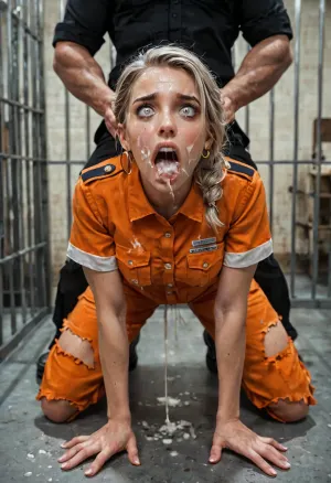 Gang rape of a petite female correctional officer in a prison. She is wearing an already torn uniform. She is fucked in the ass and in the mouth by two muscular prisoners in orange prisoner clothes. She is Standing doggystyle and her hands are on her back handcuffed, she looks scared. There is a lot of cum on her face.
